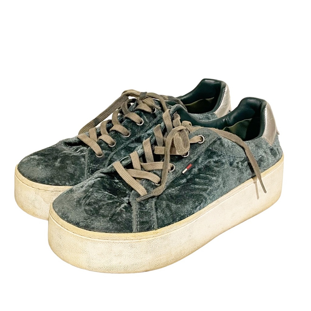 Tommy Jeans Size 6 Green Y2K Velour Platform Sneakers Vintage Tommy Hilfiger